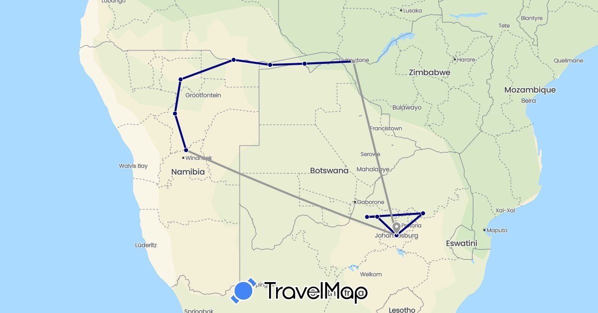 TravelMap itinerary: driving, plane in Namibia, South Africa, Zimbabwe (Africa)